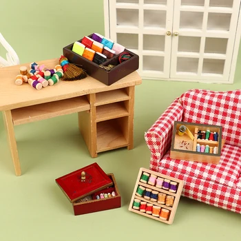 1 комплект 1:12 Кукольный домик, Миниатюрные швейные нитки, Швейные принадлежности С Ретро-коробкой для хранения, Кукольный декор 