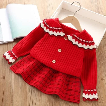 Весенне-осенний комплект для маленьких девочек, Новое корейское издание, детский вязаный свитер с воротником-поло, кардиган, юбка, Комплект из двух предметов