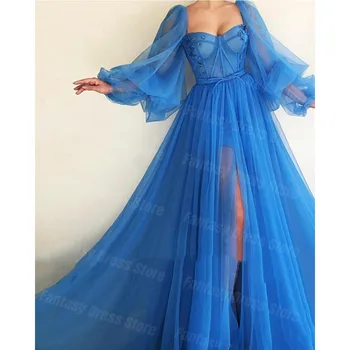 2023 Элегантные синие вечерние платья трапециевидной формы со свободным рукавом в виде сердечка, платья для выпускного вечера из хрустального тюля с разрезом по бокам