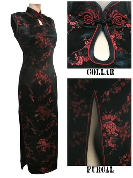 Черно-Красное Традиционное китайское платье Женское Атласное С Длинным Рукавом На Бретелях Cheongsam Qipao Mujere Vestido С Цветочным Рисунком Размер S, M, L, XL, XXL, XXXL J3035