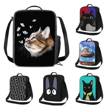 Милый Кот Изолированный ланч-пакет для школы, работы, офиса, пикника, сумка-тоут с бабочкой, ланч-бокс, контейнеры для любителей кошек, Детская сумка многоразового использования
