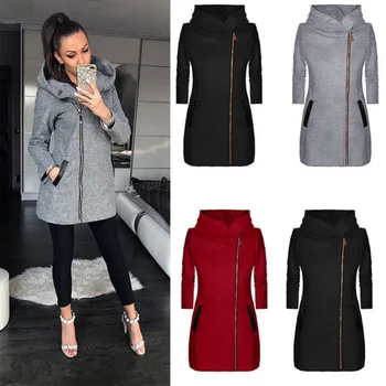 Мода 2022, Новая женская зимняя куртка, пальто, женское пальто средней длины на молнии, весна-осень, однотонное пальто с капюшоном и длинными рукавами