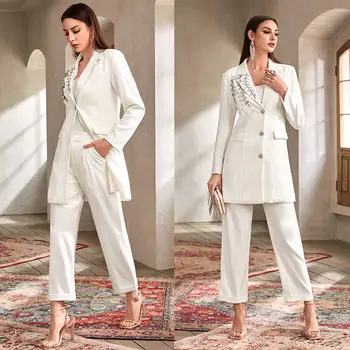 Элегантные Белые женские комплекты Блейзеров, брючные костюмы для свадебной вечеринки, 2 предмета, сшитый на заказ Однобортный пиджак с широкими брюками