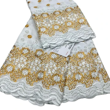 Швейцарская кружевная ткань из вуали с множеством камней для свадебного шитья, роскошная хлопчатобумажная ткань, белый с золотом, 5 ярдов