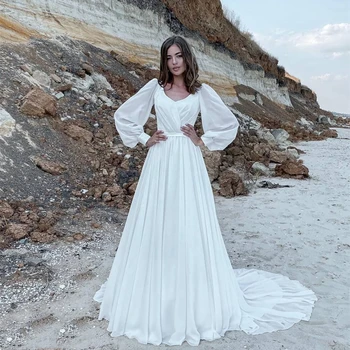 Свадебное платье 2021 в деревенском винтажном стиле из шифона с длинным пышным рукавом и шлейфом, Очаровательное Пляжное vestidos de novia, Индивидуальный дизайн
