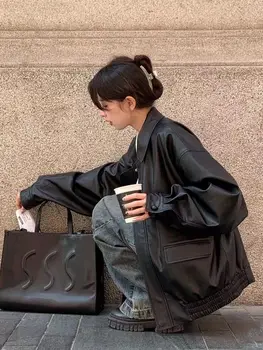 Deeptown, винтажная куртка из искусственной кожи, женская высокотехнологичная уличная одежда, негабаритные мотобайкерские пальто в стиле панк, Свободная Повседневная укороченная верхняя одежда