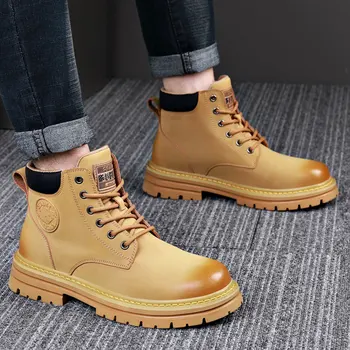 Желтые Ботинки; Осенние ботинки Martin из натуральной кожи; Рабочая одежда в стиле ретро; Уличные Высокие ботинки-дезерты В английском стиле на толстой подошве