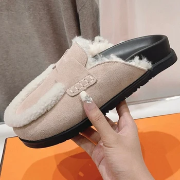 Женские ленивые тапочки 2023, Зимние новые удобные универсальные нескользящие тапочки с толстой подошвой, Дизайн Baotou, теплая женская обувь