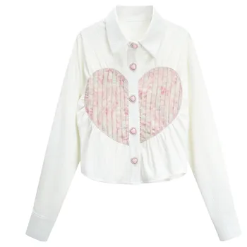 Плиссированная рубашка с длинным рукавом, Женская Новинка 2023, Весенне-Осенняя Белая Блузка, Офисный Женский топ, рубашка с рисунком сердца