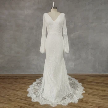 DIDEYTTAWL, реальное изображение, Бохо, V-образный вырез, Длинные расклешенные рукава, свадебное платье русалки с открытой спиной, кружевное платье на молнии, свадебное платье со шлейфом