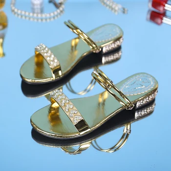 2023 Летние женские босоножки-лодочки с блестками, Комфортная женская обувь цвета: Золотистый, Серебристый, на высоком каблуке, Женская обувь без застежки, Сандалии
