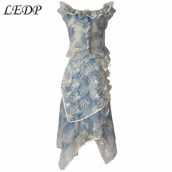 LEDP Fairycore, Кружевное Модное шифоновое платье без рукавов Неправильной формы с рюшами, Женская Праздничная клубная одежда, Сексуальные синие платья-слипы