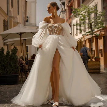 Восемь сексуальных свадебных платьев в стиле Бохо, Элегантное платье невесты с открытыми плечами, Свадебные платья А-силуэта с высоким разрезом, Вечерние платья для выпускного вечера, Плюс Размер