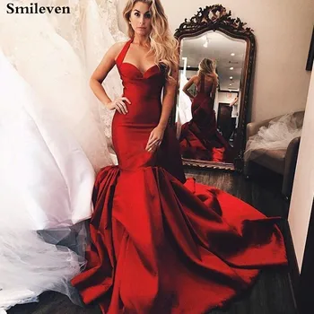Smileven Сексуальное Красное Вечернее Платье Русалки Robe de Soiree Longue, Атласные Вечерние платья на Бретелях, Праздничное платье