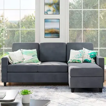Секционный диван-трансформер Anx, современная льняная ткань L-образной формы, 3-местный секционный диван с реверсивным шезлонгом для гостиной, A