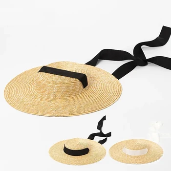 Новая летняя солнцезащитная пляжная шляпа элегантный и естественный 15см большая соломенная шляпа с широкими полями Кентукки Дерби шляпа лента, девушка шапка бант