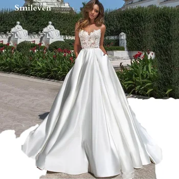 Атласное свадебное платье Smileven, кружевное свадебное платье А-силуэта в стиле Бохо с карманами, Платья невесты Vestido De Noiva