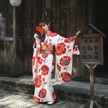 Женское Японское Кимоно с длинными рукавами и большим красным Цветочным Принтом, Юката, платье для Косплея, одежда для выступлений на сцене