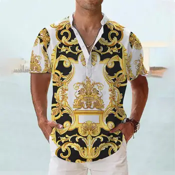Роскошные Гавайские рубашки для мужчин, летняя одежда, топы с V-образным вырезом и коротким рукавом Оверсайз, Модная Дизайнерская одежда, мужские рубашки Хенли