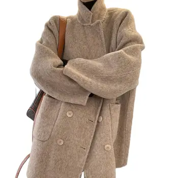 Высококачественный Шерстяной костюм из Альпаки и Кашемира, женское Мягкое Двубортное Весенне-осенне-зимнее пальто, Свободная Повседневная теплая куртка
