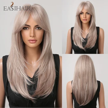 Светлые синтетические парики EASIHAIR, длинные прямые Многослойные парики из натуральных волос для женщин с челкой, ежедневный парик для косплея, термостойкий