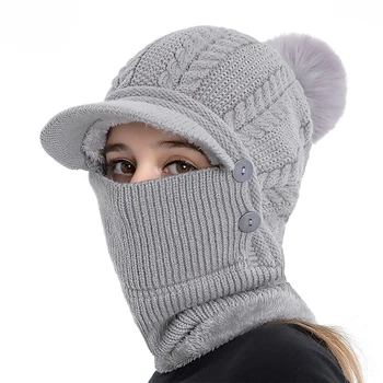Женская зимняя теплая меховая шапка-шарик с шарфом на флисовой подкладке, бейсболка, вязаная гетра для велоспорта на открытом воздухе с маской для лица