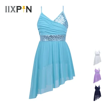 IIXPIN Детское балетное платье для девочек, расшитое блестками, для современных танцев, на бретельках, с V-образным вырезом и нерегулярным подолом, для латиноамериканских танцев, Лирическое платье