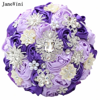 JaneVini Роскошные светло-фиолетовые цветы из ленты цвета слоновой кости, Свадебные букеты, Потрясающие кристаллы, Искусственные атласные розы, Свадебная брошь, Букет
