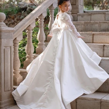 Платья с цветочным узором для девочек на свадьбу, вечеринку, Детское Роскошное платье Принцессы из белого атласа с длинным рукавом, кружевные платья с бантом
