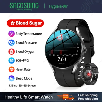 Hygieia-01r Bluetooth Вызов ЭКГ Умные Часы Мужские Уровень сахара в крови Кровяное Давление Температура тела Мониторинг здоровья Смарт-Часы Модные