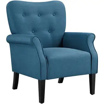 Акцентное кресло с тканевой обивкой середины века для Гостиной с деревянной ножкой, темно-синий
