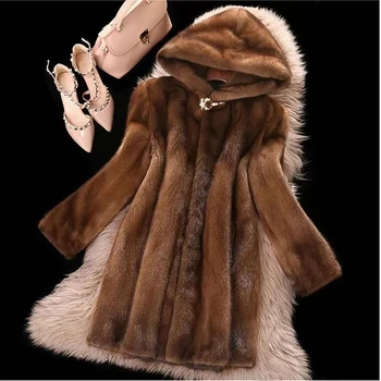 Женские пальто из искусственного меха, Женская норковая шуба с капюшоном, Длинное меховое пальто, Толстая теплая Роскошная зимняя одежда на пуговицах, меховые пальто большого размера