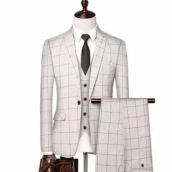 Мужской Клетчатый жилет в британском Стиле, Блейзер, брюки, комплект из 3 предметов, Мужская мода Высокого класса, Приталенный Деловой костюм для Свадебного банкета, куртка, пальто
