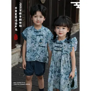 Хлопковый костюм в китайском стиле ручной работы с пуговицами и цифровым принтом, топ-шорты с коротким рукавом для мальчиков 2023, Летняя повседневная детская одежда