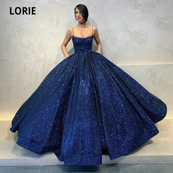 Модные блестящие вечерние платья Королевского синего цвета LORIE, Длинные выпускные платья 2020 с карманами на бретельках, Арабское Дубайское платье на шнуровке