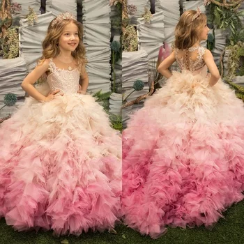 Розовое платье принцессы для девочек, Кружевные пышные платья с цветочным узором для девочек, Милое платье для девочек на день рождения, платье для свадебной вечеринки, Детское платье
