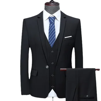 (Куртка + брюки + жилет) Классический однотонный костюм, деловой повседневный комплект из 3 предметов, Высококачественный Мужской блейзер, Брюки, Жилет S-4xl