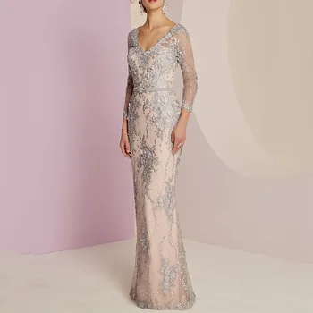 Элегантное платье Три Четверти для матери Невесты Длиной до пола с кружевными аппликациями и V-образным вырезом Для свадебной вечеринки на заказ
