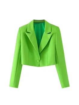 Женщины 2023, новая мода, фруктово-зеленый укороченный блейзер, пальто, Винтажная женская верхняя одежда с длинным рукавом, шикарные топы
