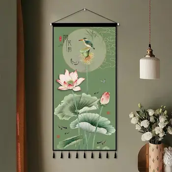 Китайский стиль Lotus Wall Art Холст Картины Плакат Гостиная Спальня Винтажный Декор Эстетическая Картина с прокруткой Висит