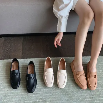 Простые женские лоферы С Квадратным носком, Однотонные тонкие туфли с мягкой подошвой, Нескользящие Удобные туфли на плоской подошве, Zapatos Planos Mujer