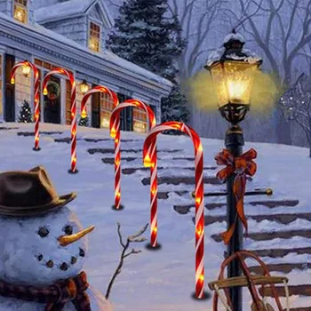 Рождественские Уличные напольные светильники на солнечной энергии с одним прицепом и пятью рождественскими лампами из конфетного тростника, Праздничные украшения для вечеринок во внутреннем дворе