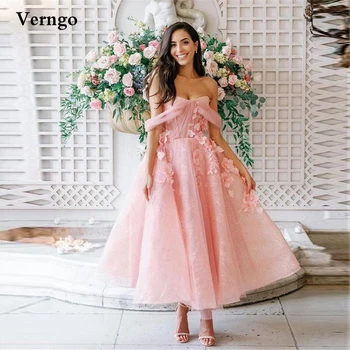 Verngo 2021 Румяна, Розовые Тюлевые платья для выпускного вечера, Кружевные Платья с открытыми плечами, 3D Цветы, Вечерние платья длиной до щиколоток, Вечернее платье Невесты