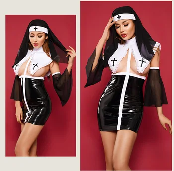 сексуальный костюм для косплея на Хэллоуин, костюм монахини, сексуальная косплейная ленсерия с рукавами, шляпы, стринги, косплей аниме 코스프레 lenceria para damas