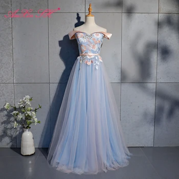 AnXin SH princess голубое кружевное роскошное винтажное платье с бисером, розовая роза, вырез лодочкой, пляжное синее длинное вечернее платье невесты трапециевидной формы