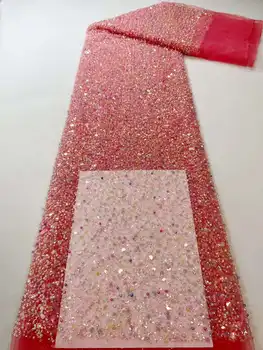 Африканские Кружевные ткани с блестками Новейшая вышивка бисером Французский Тюль Сетчатая Кружевная ткань Материал для пошива свадебного платья