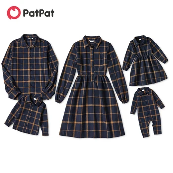 Подходящие друг другу наряды для семьи PatPat, темно-синие платья и рубашки в клетку с отворотами и длинными рукавами, комплекты для пары, мать и дочь