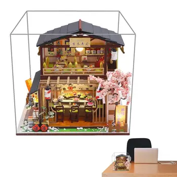 Японские миниатюры 3D Миниатюрный кукольный домик, Японский суши-магазин, деревянный кукольный домик для подростков с ручным управлением, батарейный отсек
