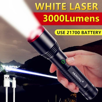 3000LM Белый лазерный фонарик, светодиодный на открытом воздухе, 1000 м, 21700, Тип батареи C, Перезаряжаемый Тактический военный Поисковый фонарь