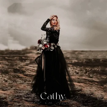 Кэти (Cathy) - Черное Платье для выпускного вечера 2023, Готическое Кружевное Свадебное платье Трапециевидной формы с Роскошной кружевной вышивкой из Тюля, Vestidos De Noche